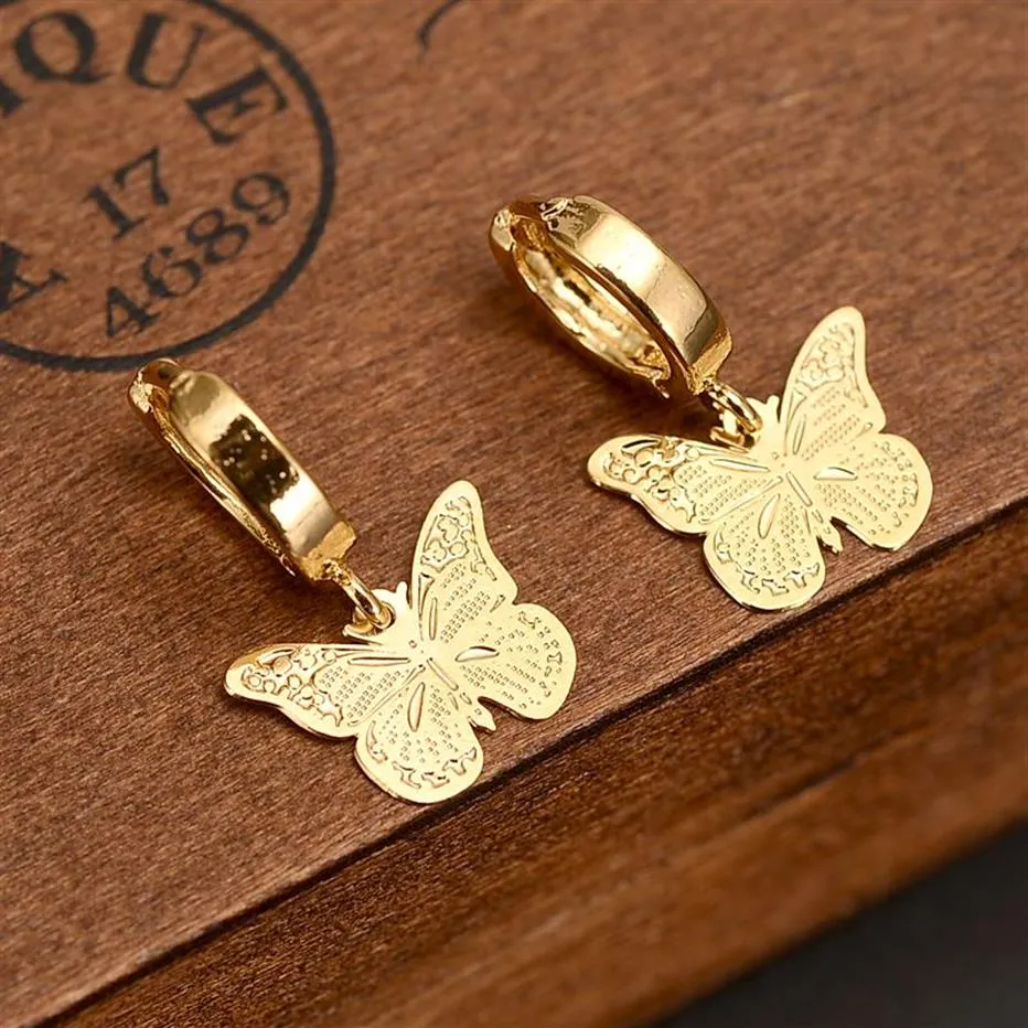 Boucle d'oreille à breloque papillon de luxe en or jaune fin G F, bijoux à la mode pour femmes et filles, cadeau Pretty260A