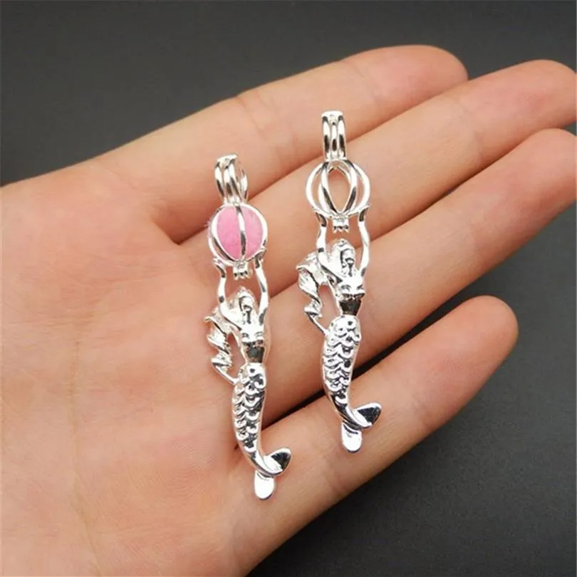 10pcs bright silver mermaid pearl cage necklace pendant aromatherapy essential oil diffuser mermaid charms for jewelry making306j