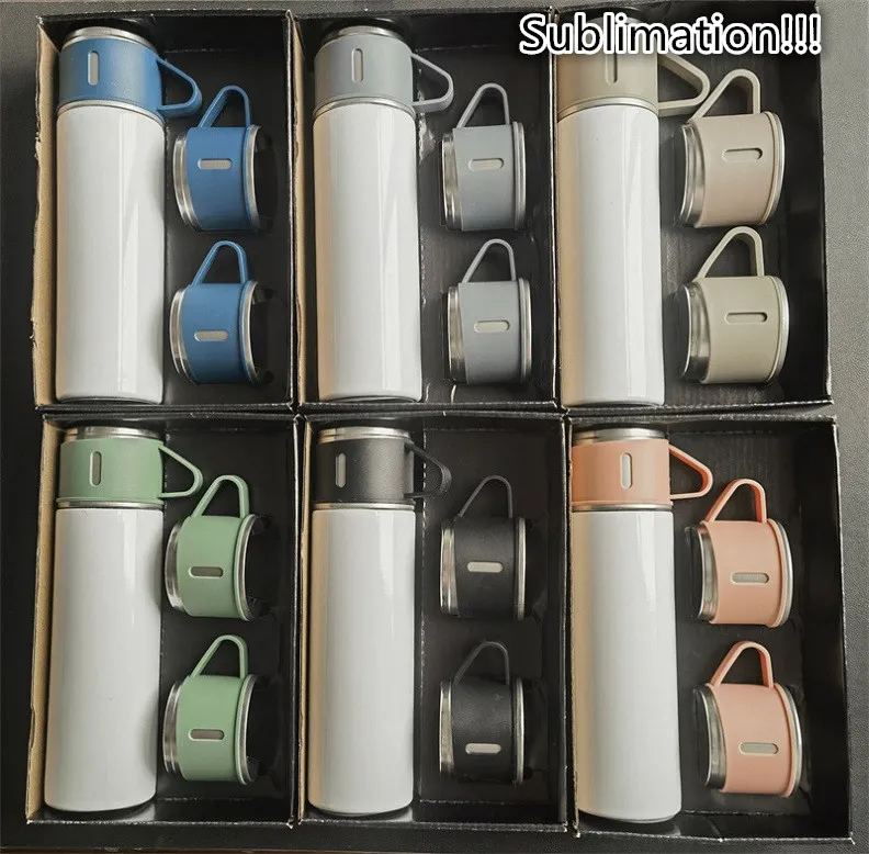 500ml Sublimation Vacuum Flask Gift Set Box Vacuum Insulated Thermos Gift Set Stainless Steel 500 ML Vacuum Flask With 3 Colored Lids for Coffee & Tea DIY