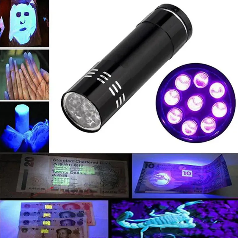 Mini UV LED Flashlight Violet Light 9LEDs Torch Lamp Battery Operated Ultraviolet Flash Lights for Anti-fake Money Detector Urine Scorpion