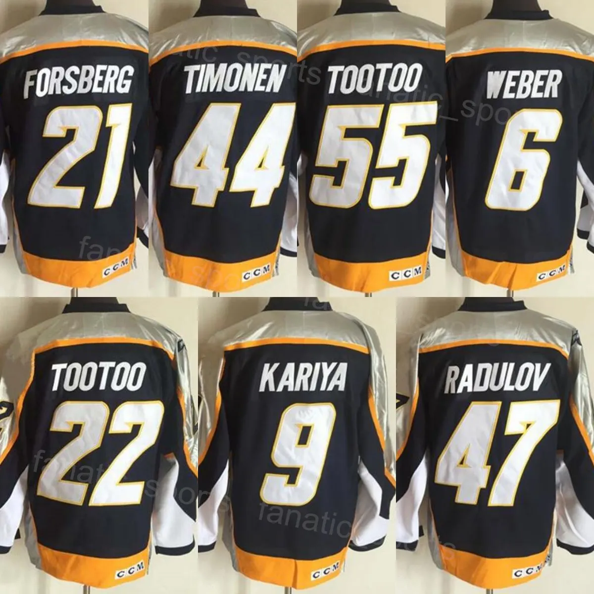 Retro Hóquei Vintage 9 Paul Kariya Jersey CCM 21 Filip Forsberg 22 Jordin Tootoo 44 Kimmo Timonen 47 Radulov 55 Jordin Tootoo 6 Shea Weber Classic Retire Mens Stitch