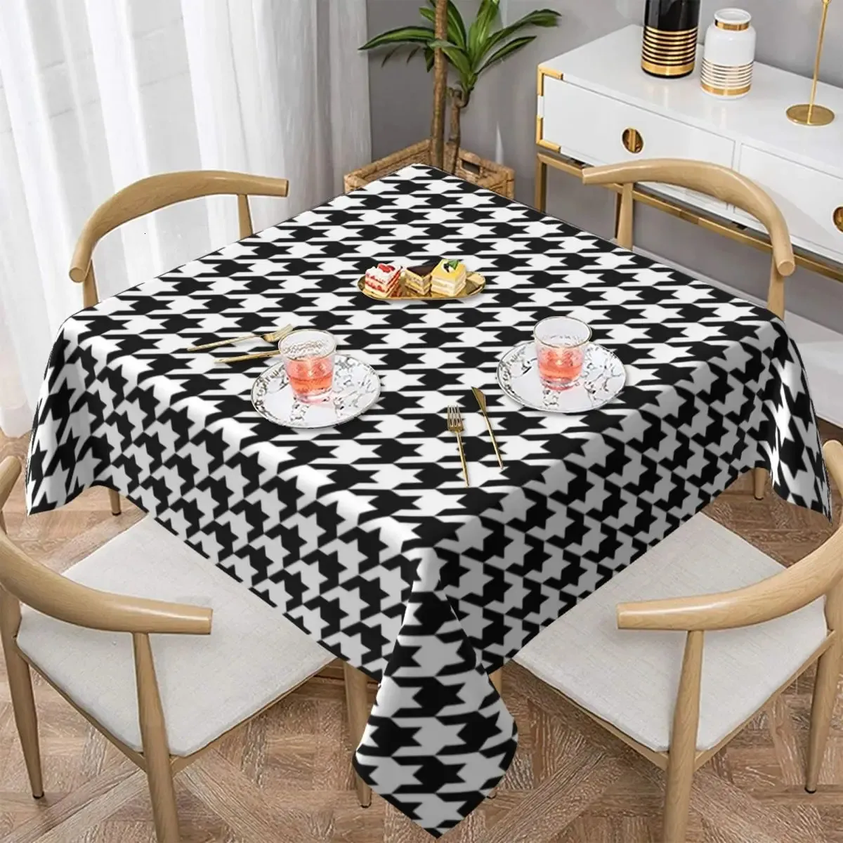 Table Cloth Black And White Plaid Tablecloth Houndstooth Print Banquet Polyester Cover Kawaii Wholesale Protection Printed 231009