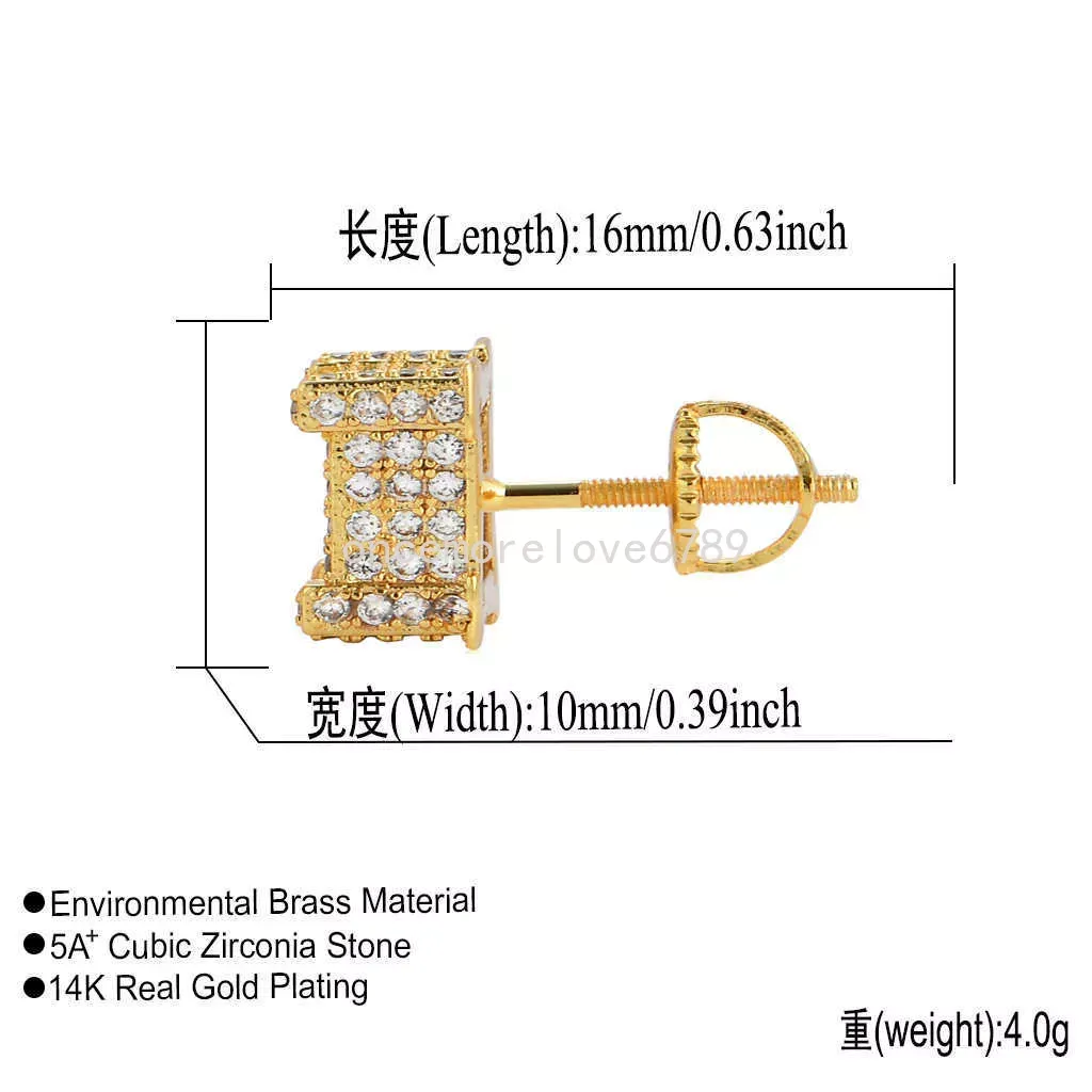 Мужские серьги-гвоздики в стиле хип-хоп, завинчивающиеся назад, квадратные, со льдом, из кубического циркония, индивидуальные трендовые серьги-гвоздики, ювелирные изделия из натурального камня для парней, мужчин