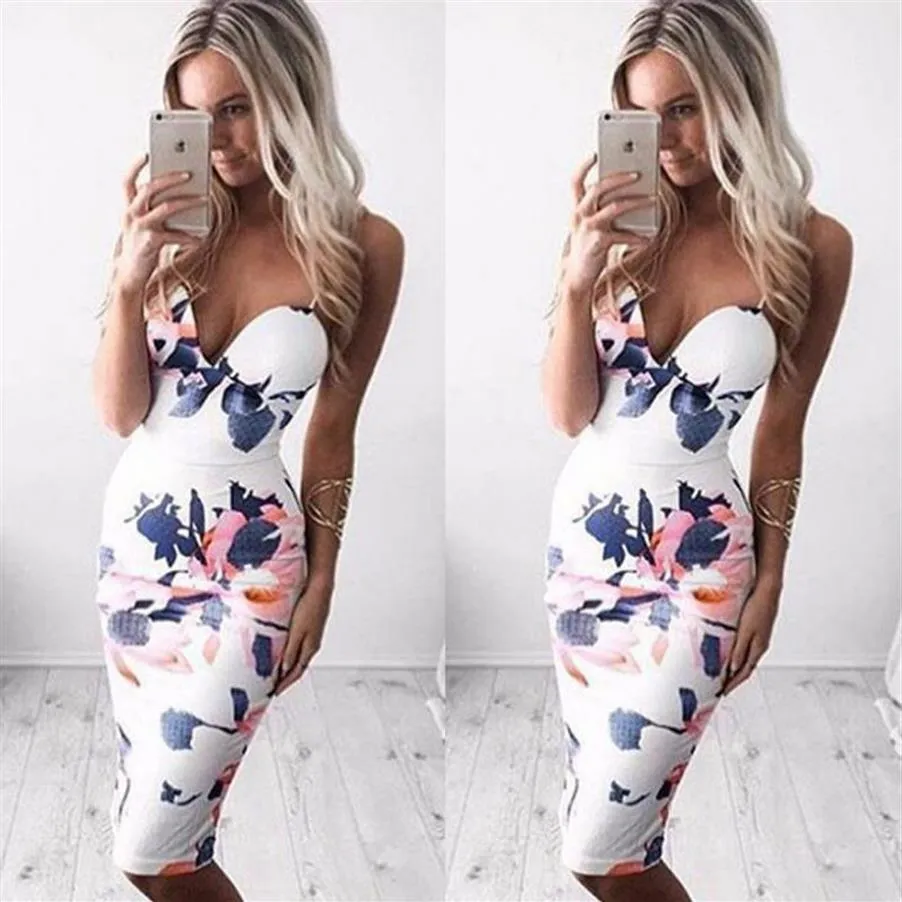 Casual Dresses Trendy Women Dress V-hals Floral Print Bandage Bodycon Sleeveless Evening Sexy Polyester Mini260o