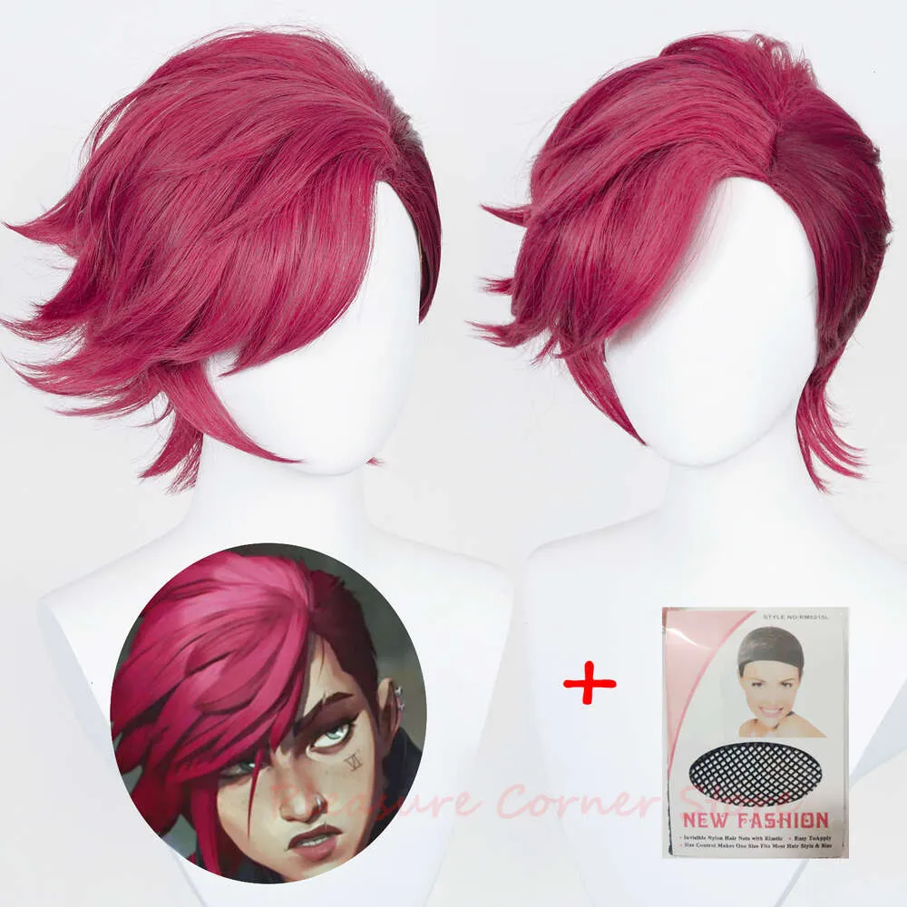 DHgate Deep Rose Vi Cosplay Wig 30cm Short Heat Resistant Synthetic Role Play Wig Apparel