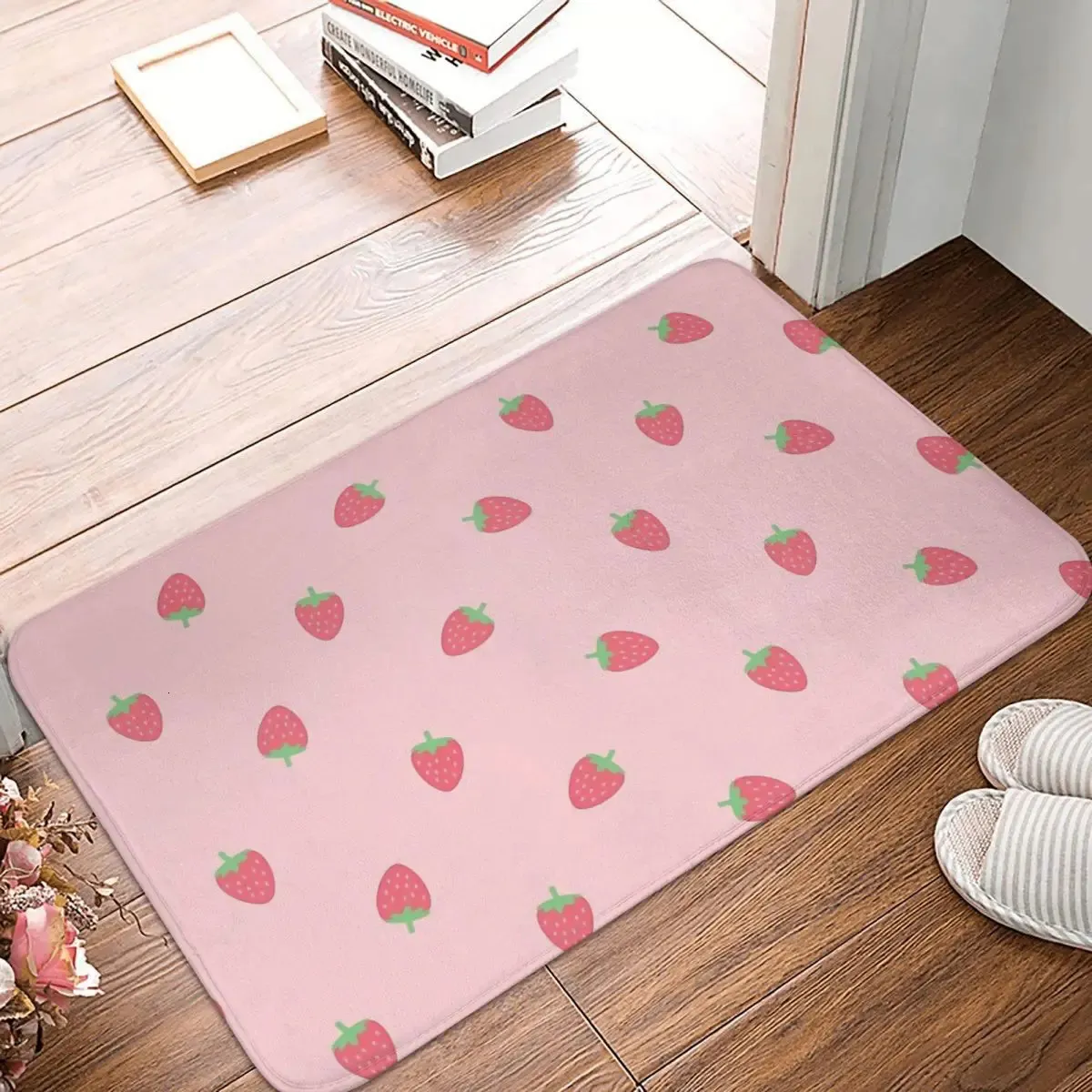 Cottagecore Rural Aesthetic Bathroom Mat With Strawberry Design Cute