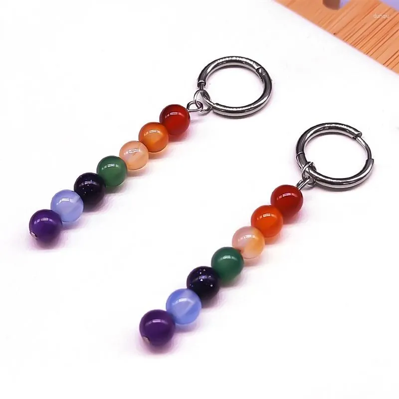 Orecchini a bottone 7 Chakra Yoga Cerchio lungo in acciaio inossidabile Perline in pietra naturale Ciondola l'orecchino a goccia Reiki Healing Balancing Maxi Jewelry EX