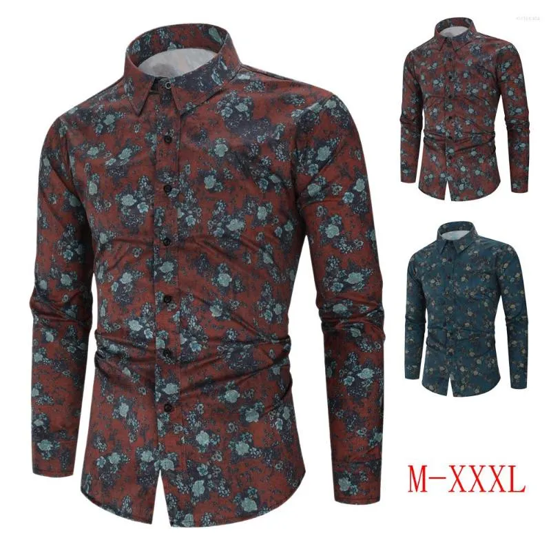 Camisas casuais masculinas poliéster floral para homens manga longa slim fit outono qualidade vintage 3d impressão digital luxo chemise homme