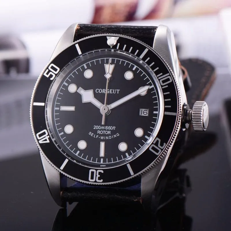 Relógios de pulso 41mm movimento automático 316L caixa de aço inoxidável mostrador preto safira vidro casual moda pulseira de couro relógio luminoso