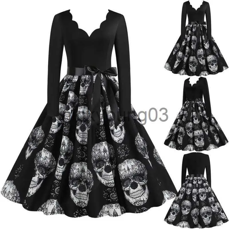 Disfraz temático Disfraces de Halloween con estampado de calavera para mujer 2023 Túnica de manga larga de los años 50 y 60 Ama de casa Vestidos de fiesta retro Pinup Disfraz de cosplay aterrador x1010