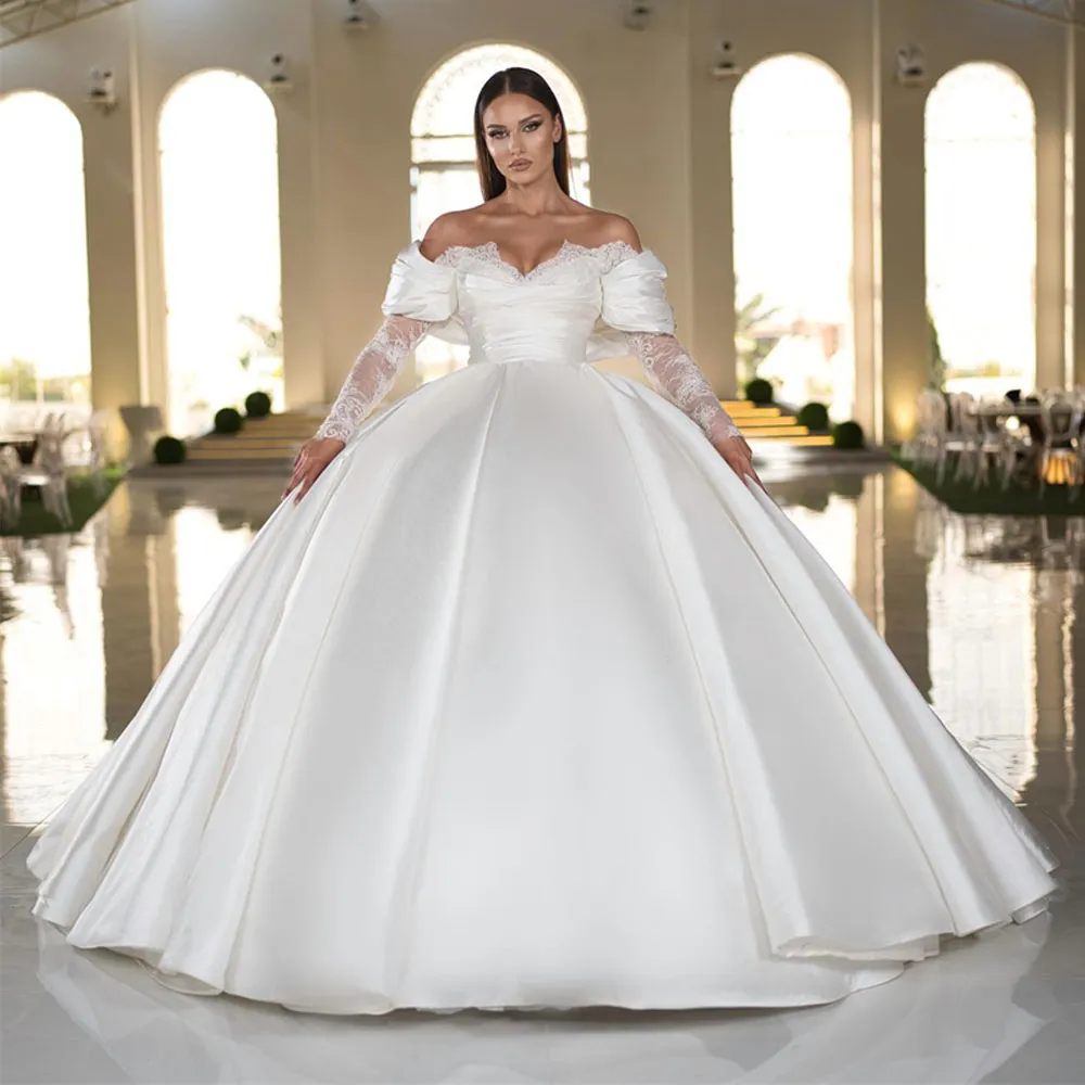 Satin Princess Wedding Dresses Off Shoulder Lace Sleeve Ball Gown ...