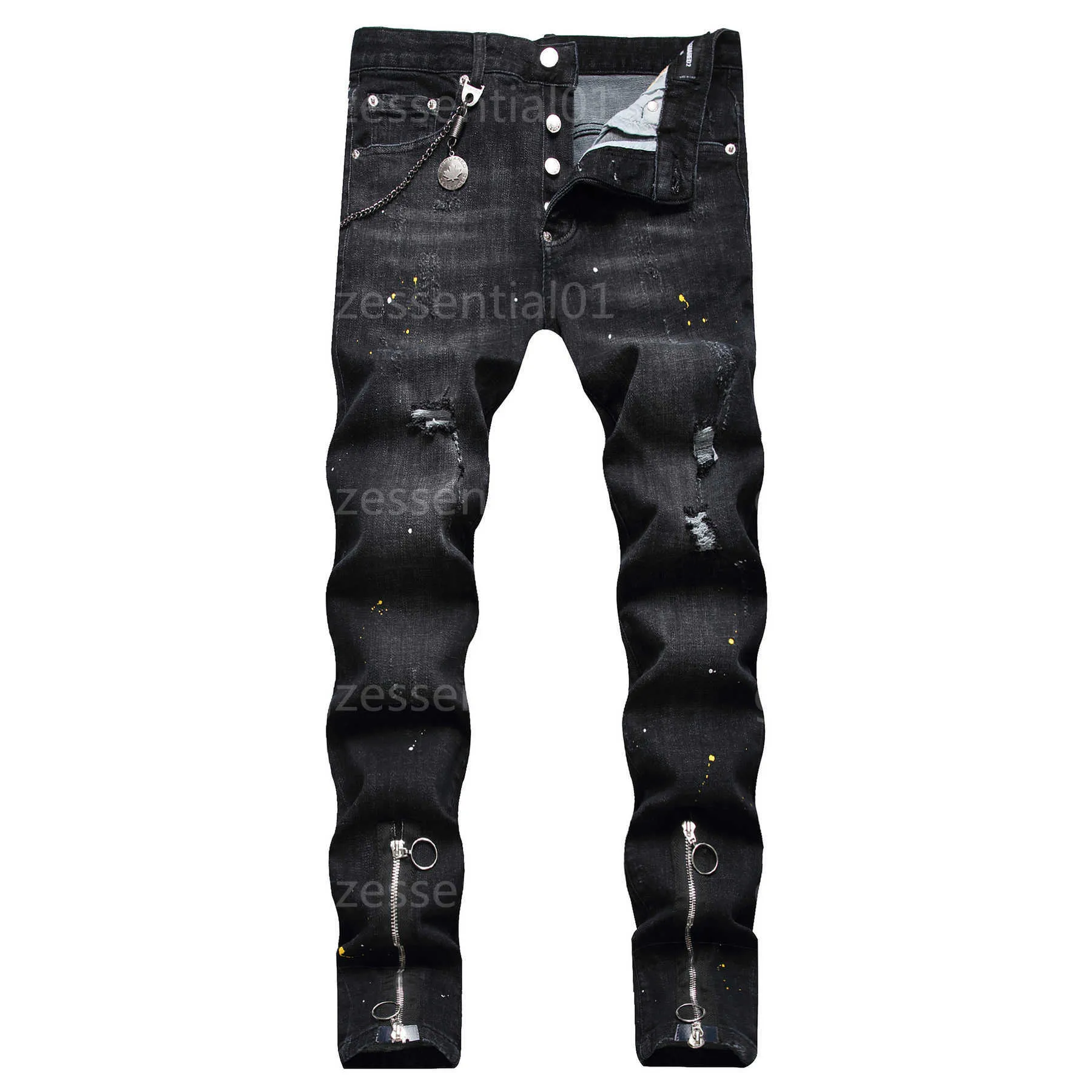 Jeans D2 Designer pour hommes Dsquare DSQ2 Pantalon déchiré hip-hop à la mode Noir Imprimé numérique Taille moyenne Petit pantalon en denim à jambe droite Hommes