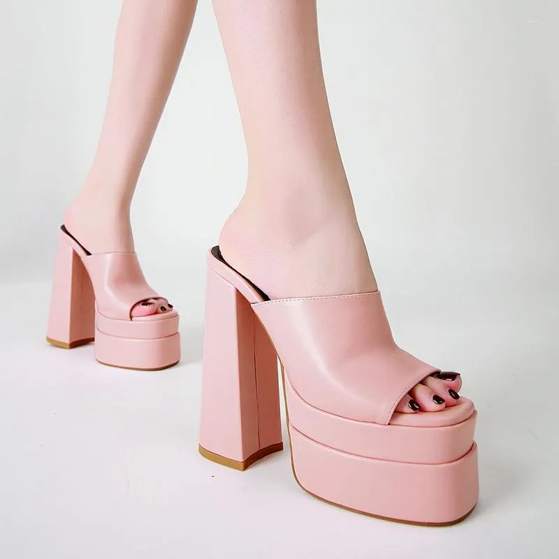 Тапочки на двойной платформе, однотонные модные женские туфли на высоком каблуке с открытым носком, Zapatos Mujer