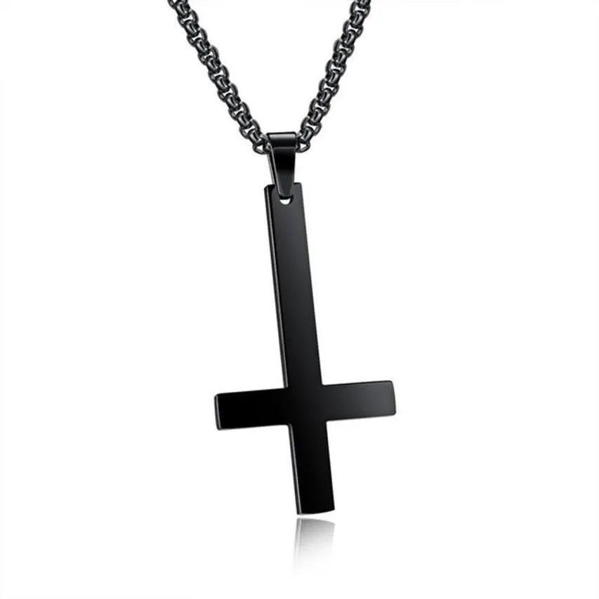 Male Black St Peter's Inverted Cross Pendant Necklace for Men Stainless Steel Choker Crux de Sanctus Petrus Jewelry Men Neckl221L