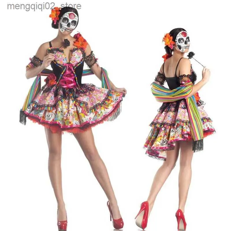 Theme Costume Halloween Sexy Sugar Skull Skeleton Flower Fairy Ghost Bride Cosplay Dress day of The Dead Masquerade Horror Vampire Fancy Purim Q240307