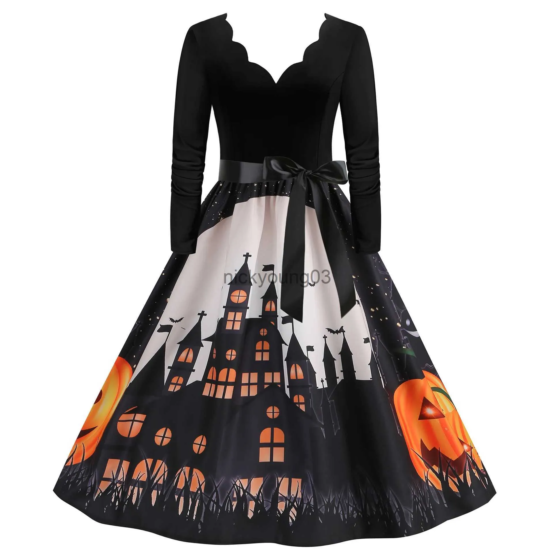 Theme Costume Retro Disfraz Halloween Cosplay Party Dresses Women 2023 Print V-Neck Long Sleeve Black Witch Scary Costume Nightmare Pinup Robe x1010