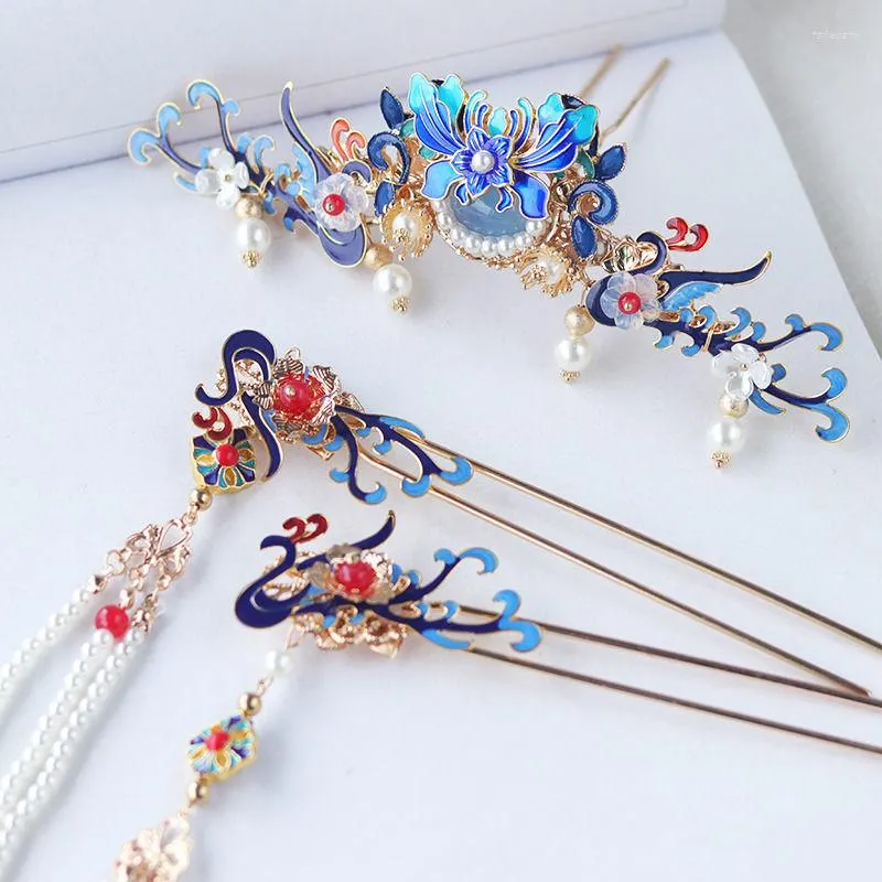 Hair Clips Chinese Hanfu Blue Phoenix Headdress Antique Crown Beads Tassel Hairpin