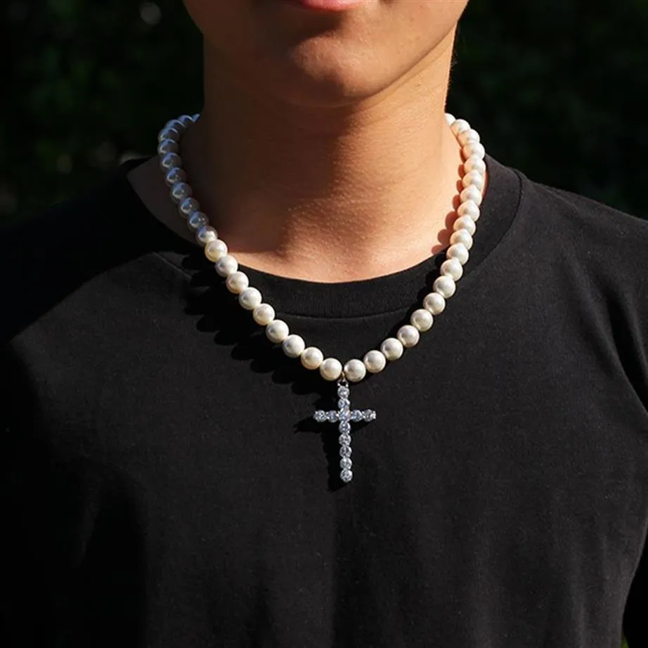 Hänge halsband europeiska amerikanska säljer som modeller enkelt kors 8-10 mm pärlhalsband hiphop trend män och kvinnor hänge ne321a