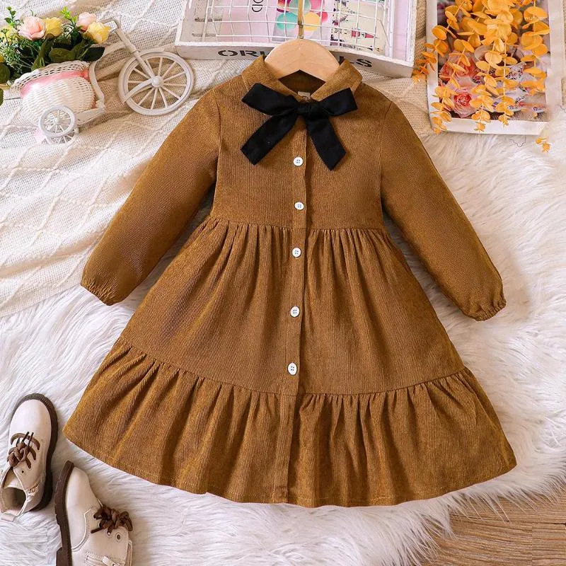 Girl Dresses 2023 Winter Girls Dress Long Sleeve Bow Ruffles Brown Cute Designer Princess Vestido 18M-7T