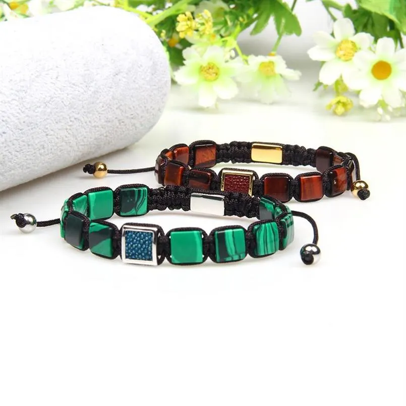 Mens Bracelet Square CZ Beads And Real Stingray Leather Macrame Stainless Steel Cross Bracelets With 8x8mm Real Stone Flat Beads283o