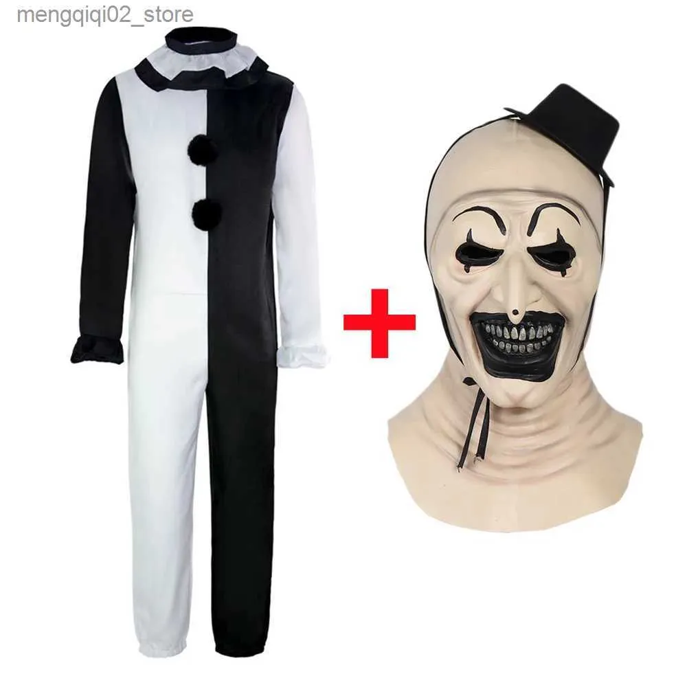 Theme Costume Terrifier Art The Clown Come Mask Suit Cosplay Horror Evil Joker Hat Latex Masks Jumpsuit Halloween Carnival Party Props Q231010