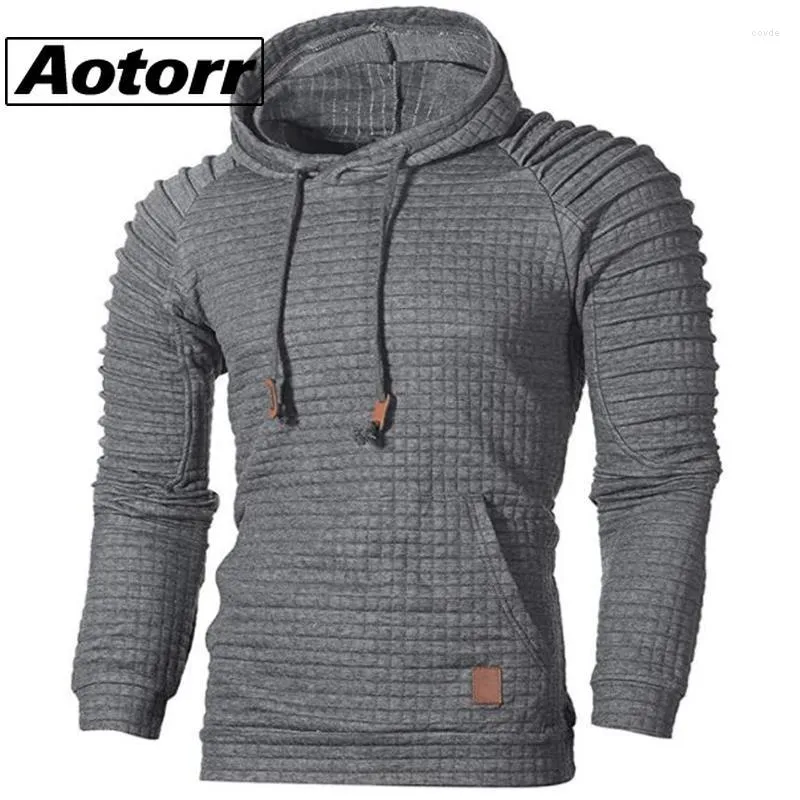 Men's Hoodies Fashion Slim Men Autumn Long Sleeve Hooded Pullover Lattice Streetwear Sweatshirts Male Big Pocket Solid Casual Soft Top