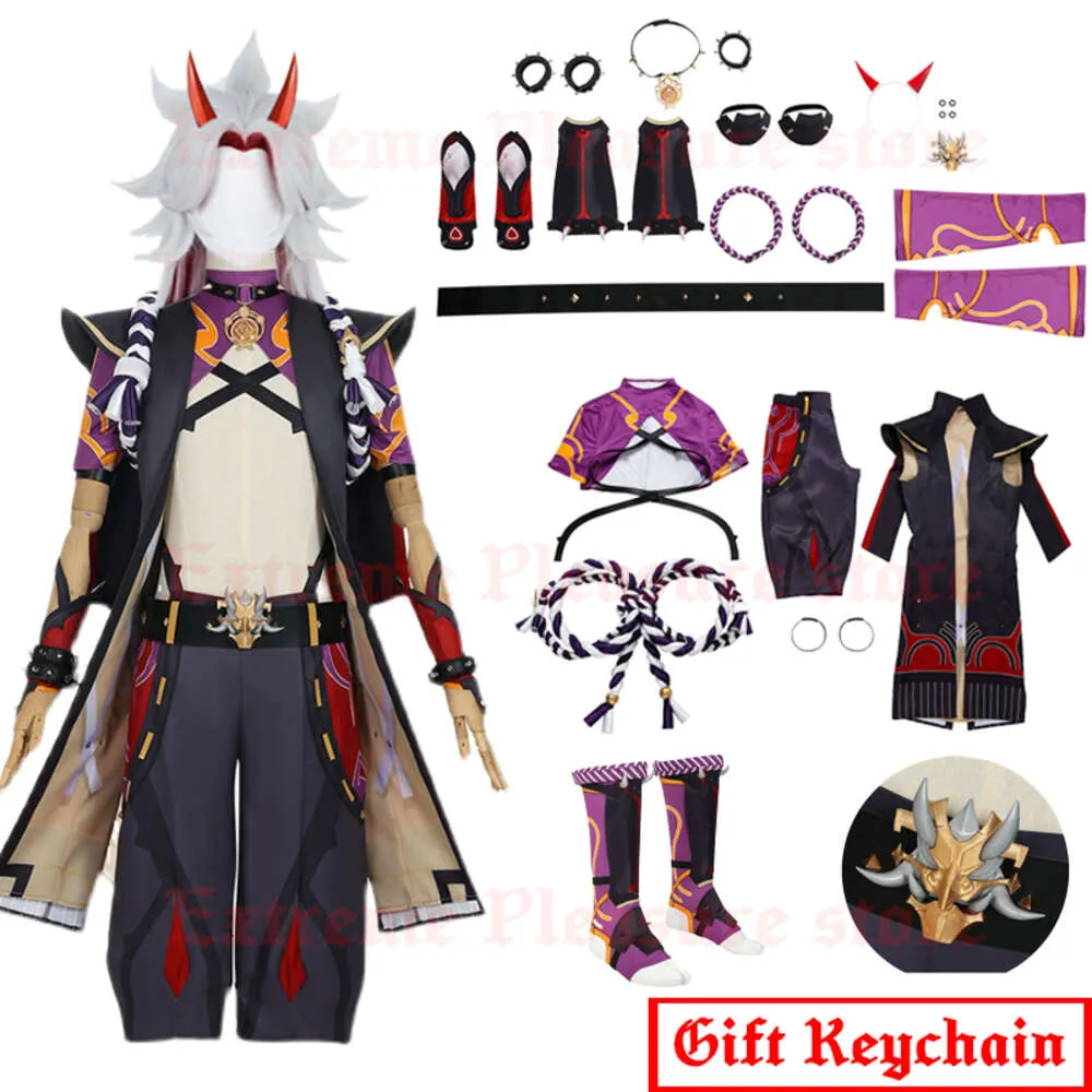 Genshin Impact Arataki Itto Cosplay Wigコスチュームホーンアクセサリー15pc