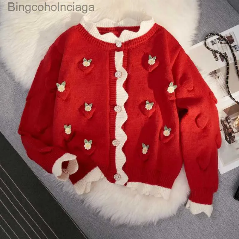 Women's Sweaters Yuoooo Chic Korean Fashion Flower Pattern Red Christmas Cardigan Sweaters Autumn Winter Long Sleeve Y2K Aesthetic Knitted TopsL231010