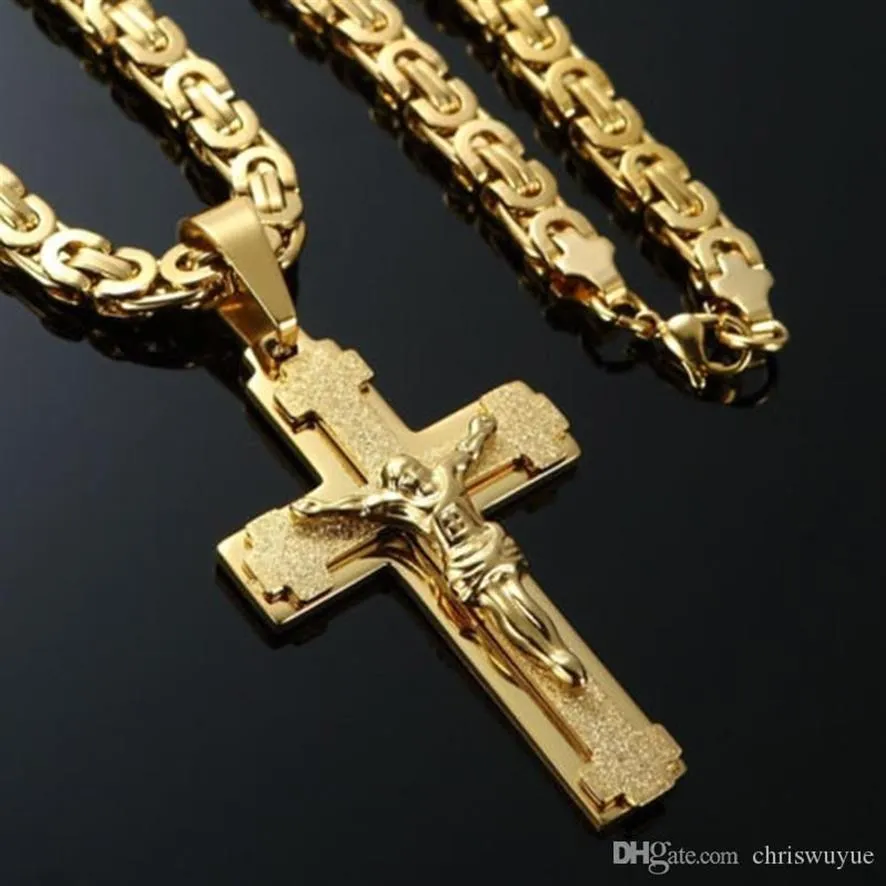 Herren Edelstahl Kreuz Halskette Kette 18K Gold gefüllt Jesus Anhänger Männer Kette Christian Schmuck Geschenke181K