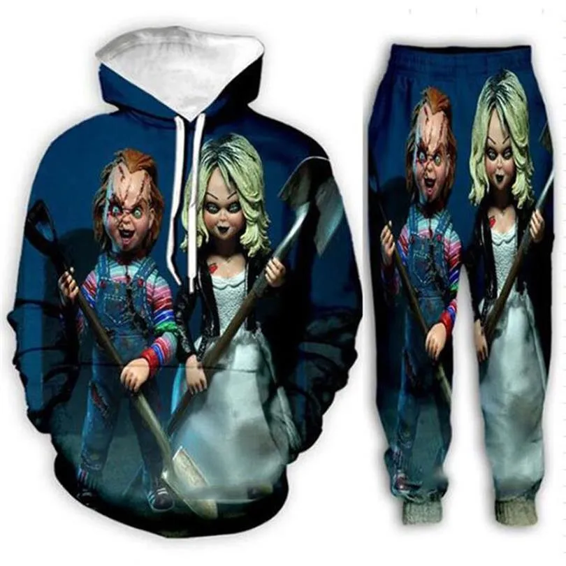 Whole--Neue Mode Männer Frauen Horrorfilm Chucky Sweatshirt Jogger Lustige 3D-Druck Unisex Hoodies Hosen J030209Q