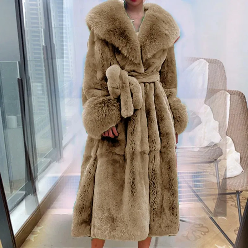 Mulheres de pele do falso inverno longo casaco grosso quente jaqueta de vison casacos de penas oversized outerwear gola roupas de luxo 231010