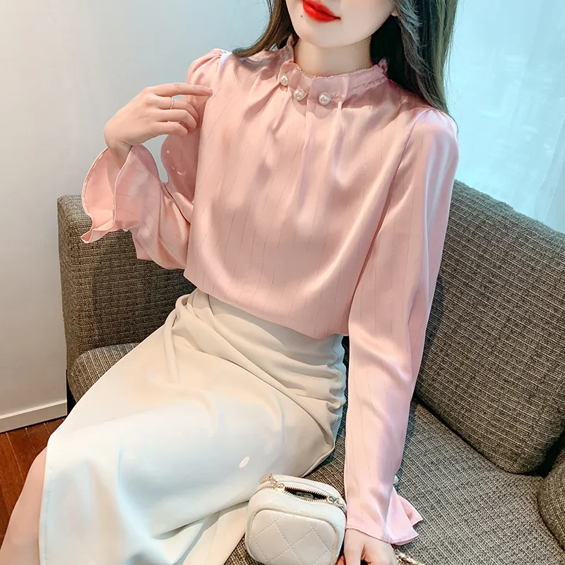 Enkel mode Silk Satin Pink Bluses Stand Collar Women's Designer Flare Sleeve Elegant Blus 2023 Autumn Winter Office Lady Lady Lady Color Runway Tops Plus Size