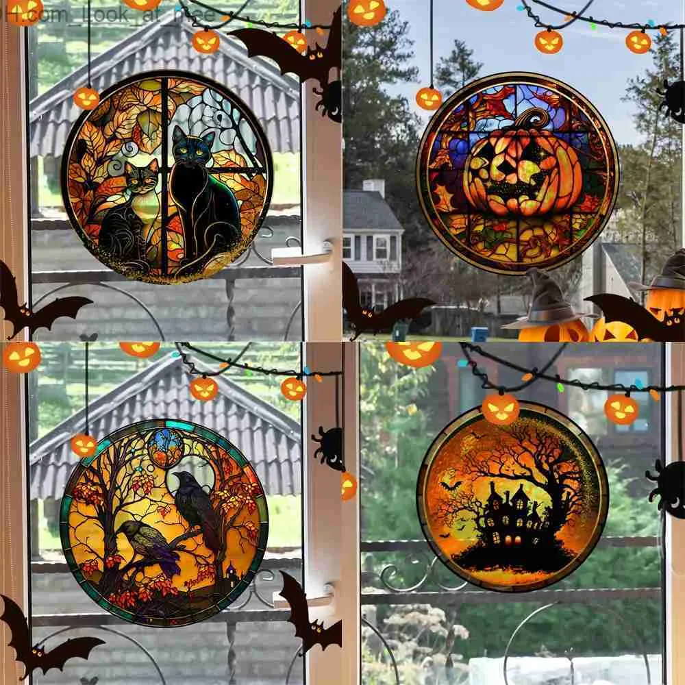 Other Event Party Supplies Halloween Stained Colorful Horror Castle Cat Static PVC Window Glass Stickers Glue Free Decorative Film Party Home Decoration Q231010