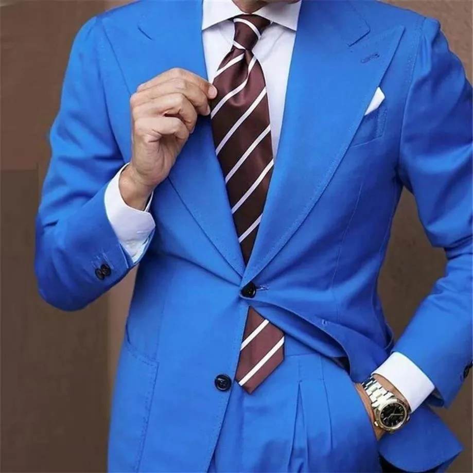 Męskie garnitury Blazers Blue Wide Lapel Men Dwa przyciski kostium Homme Wedding Groom Tuxedos Prom Slim Fit Therno Masculino Blaze2102
