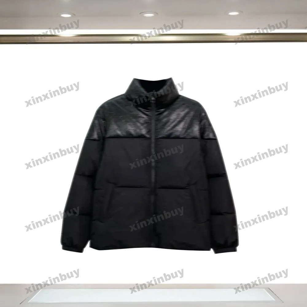 Xinxinbuy Men Designer Coat Down Jacketエンボスレターレザーファブリックパネル長いスリーブ女性ブラックカーキS-2xl