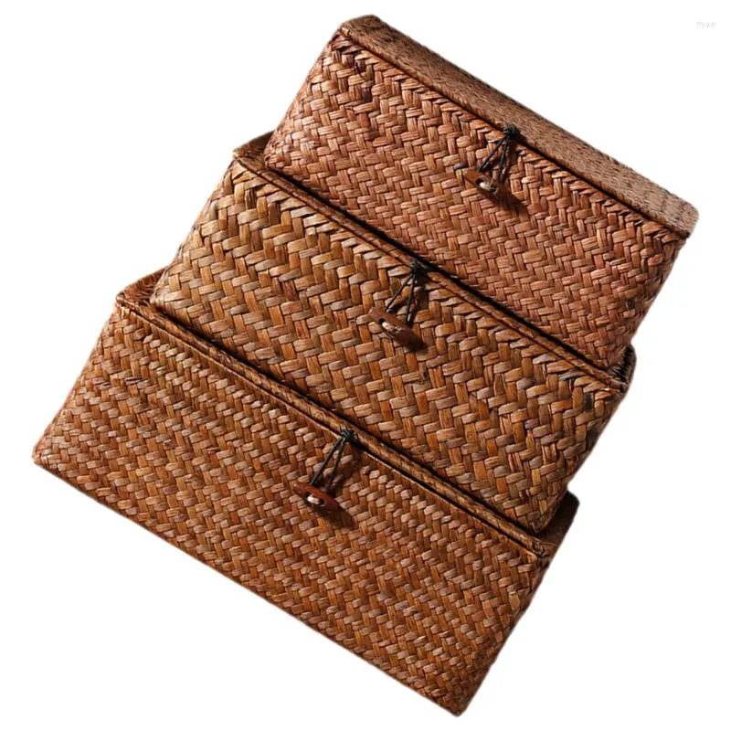 Förvaringspåsar 3st Seagrass Basket Desktop Organizer Box Sundry Toy Case vävt med lock