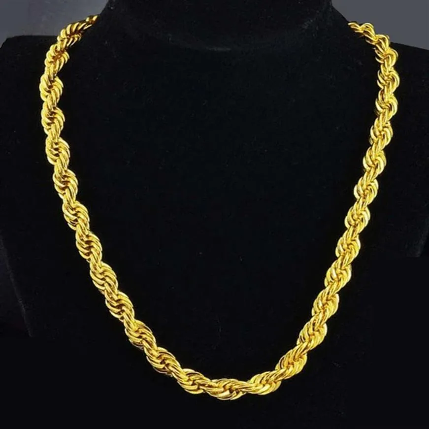 Hip Hop 24 Inches Mens Solid Rope Chain Necklace 18k Yellow Gold Filled Statement Knot Jewelry Gift 7mm Wide320P