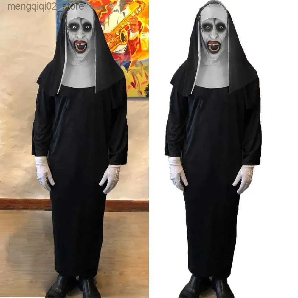 Costume à thème 2023 Horreur Nun Come Masque Costume Cosplay Effrayant Valak Ghost Face Latex Casque Robe Halloween Comes Carnival Party Props Q240307