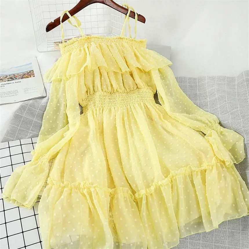 Vestido amarillo con volantes para mujer, vestido con hombros descubiertos, vestidos de gasa con lunares, vestido veraniego de noche para fiesta, Sexy, primavera otoño 2020 200267K