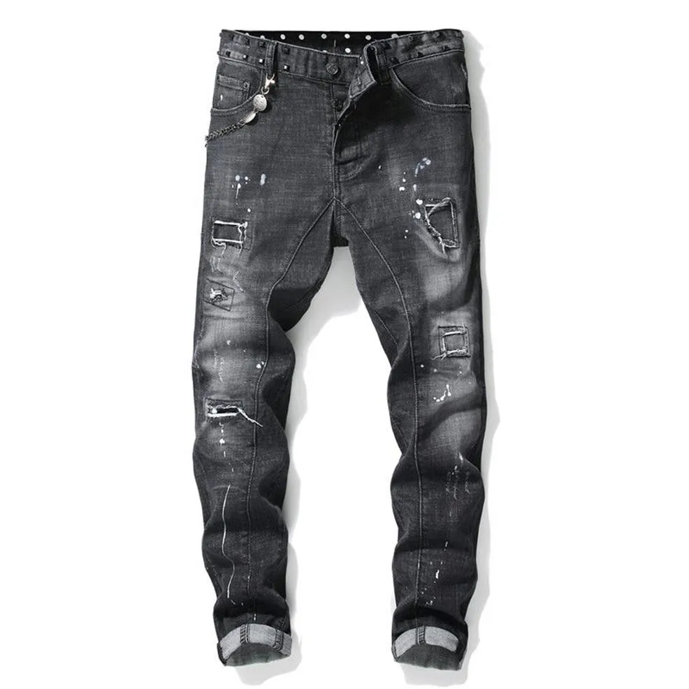 rivets pour hommes couture jeans noirs streetwear à la mode pantalon en denim stretch mince en lambeaux splash peinture trou jeans ongles mendiant pantalon175y