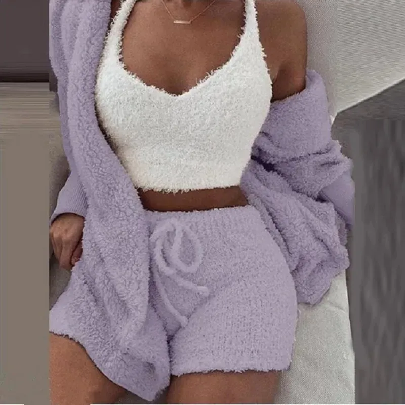 Soft Fluffy Pajama Set for Women Casual Tank Top Shorts with Plush Hoodie 3Pcs Nightwear