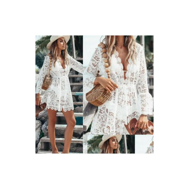 Basic & Casual Dresses New Summer Women Bikini Er Up Floral Lace Hollow Cloghet Swimsuit Er-Ups Bathing Suit Beachwear Tunic Beach Dre Dh7Ry