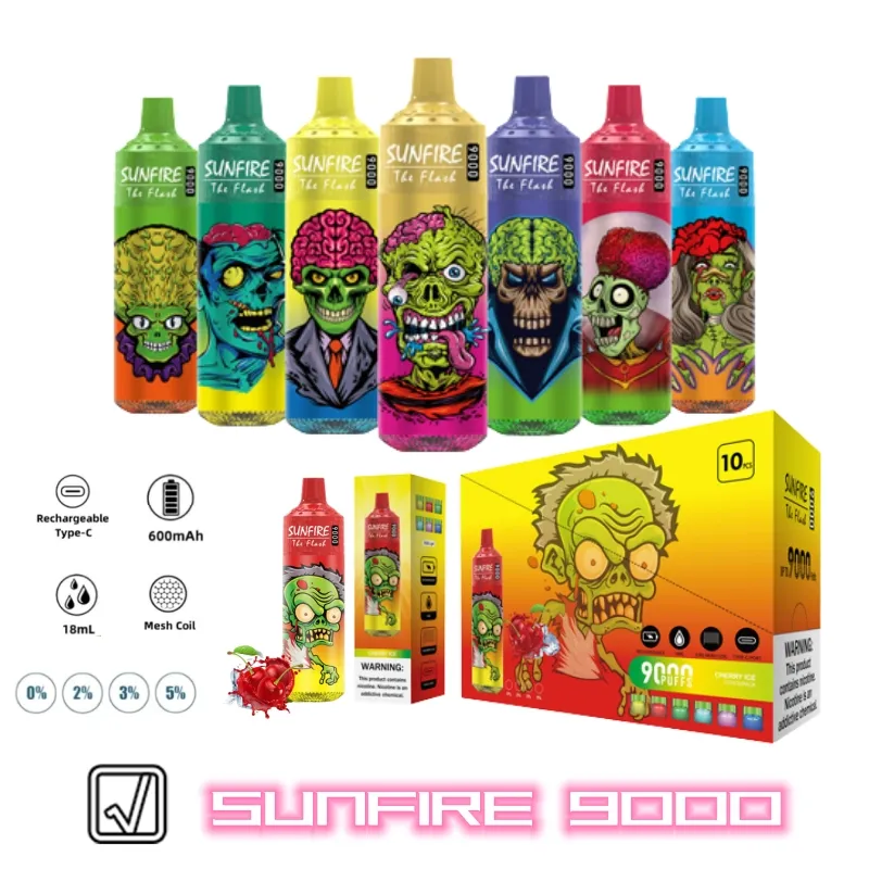 Sunfire Pro MAX 9000 Puff Disposable 9k E Cigarettes 10 Flavors Mesh Bobine 18 ml Pod Cigs électroniques 0% 2% 3% 5% Appareil VAPES VAPES RBG Vape Pen Kit en Espagne