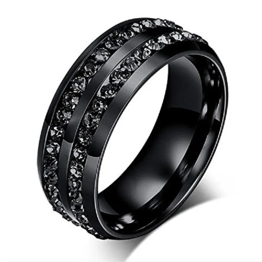 2018 nuevo anillo de hombre de moda anillo de cristal negro anillo de boda de diamante circular de doble fila de taladro completo de acero titanio 292w