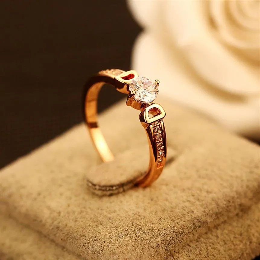 Luxus-Zirkonia-Ring für Damen, modisch, koreanischer Buchstabe, Doppel-D, Kristall-Charm-Ringe, 18 Karat Roségold vergoldet, Fingerschmuck, Weddin265f