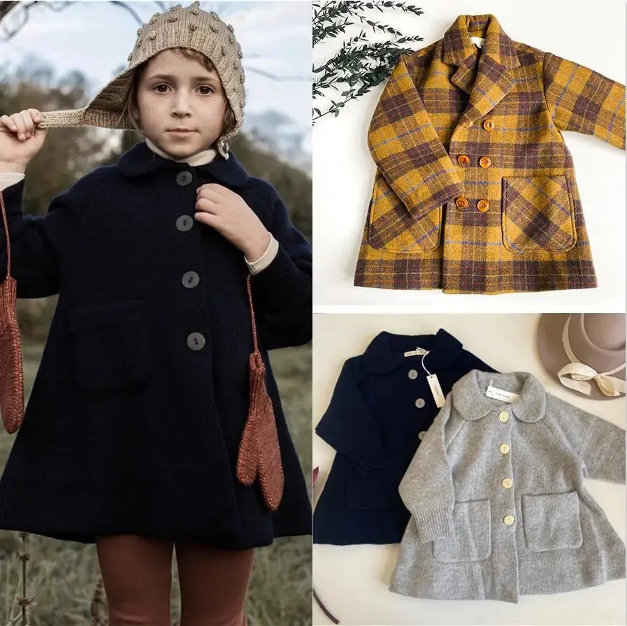 Coat Kids Winter Grid Jackets SP Brand Girls Woolen Doublebreasted Baby Boy Long Trench Lapel Child Outerwear Plaid Wool Coats 231009