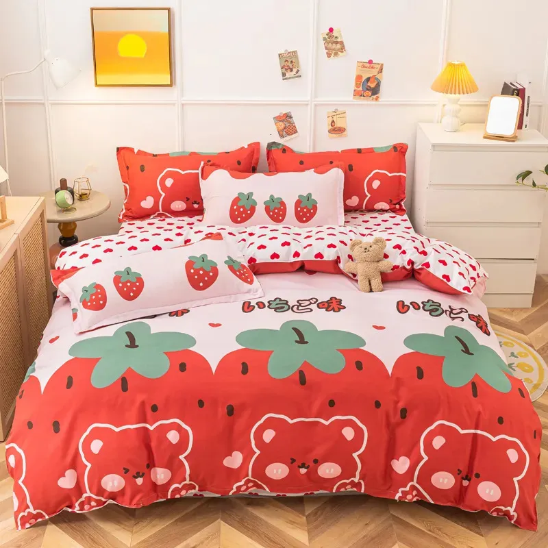 Conjuntos de cama Upzo Morango Conjunto Dupla Folha Macia 34 Pcs Cama Duveta Capa Rainha King Size Consolador Conjuntos para Casa Criança 231009