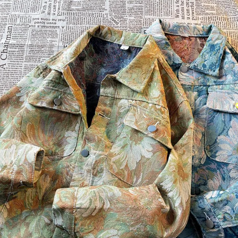 Męskie kurtki moda retro malarstwo olejne kwiat wydrukowana dżinsowa kurtka młoda przystojna luźna swobodna odzież robocza na wysokiej ulicy męskie ubrania