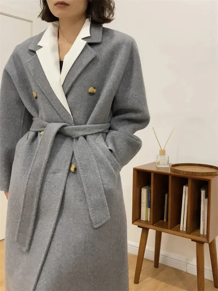 Женское шерстяное пальто высокого класса, винтажное двустороннее кашемировое шерстяное пальто, женское длинное осенне-зимнее свободное двубортное шерстяное пальто, модное на шнуровке 231010