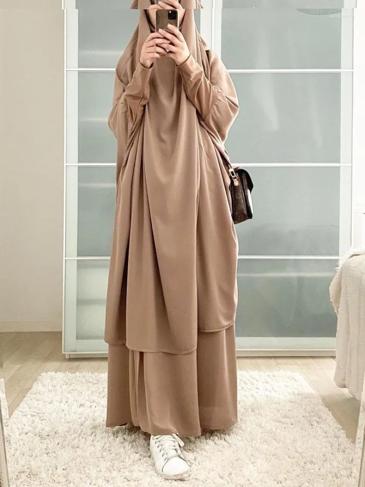 Etnik Giyim Eid Kapüşonlu Müslüman Kadın Abaya Jilbab 2 Parça Set Uzun Khimar Destek Nida Dua Giyim Fullcover Ramazan Elbise Abayas